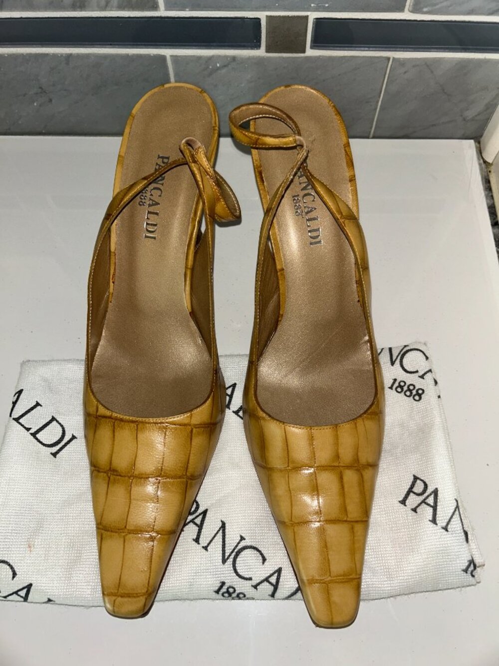 Pancaldi 988 Luisiana Kid Leather Slingback Pumps Camel, ladies 10.5B Italy